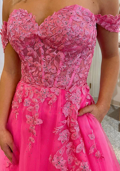 Vestido de Fiesta Corte A Escote Bardot sin Mangas Cola de Corte Encaje Tul, Bolsillos Abertura