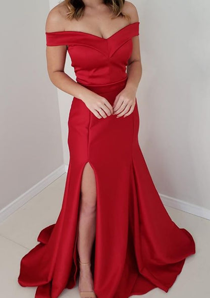 Trumpet Prom Dress Off Shoulder V-neck Sleeveless Red Satin Long, Slit
