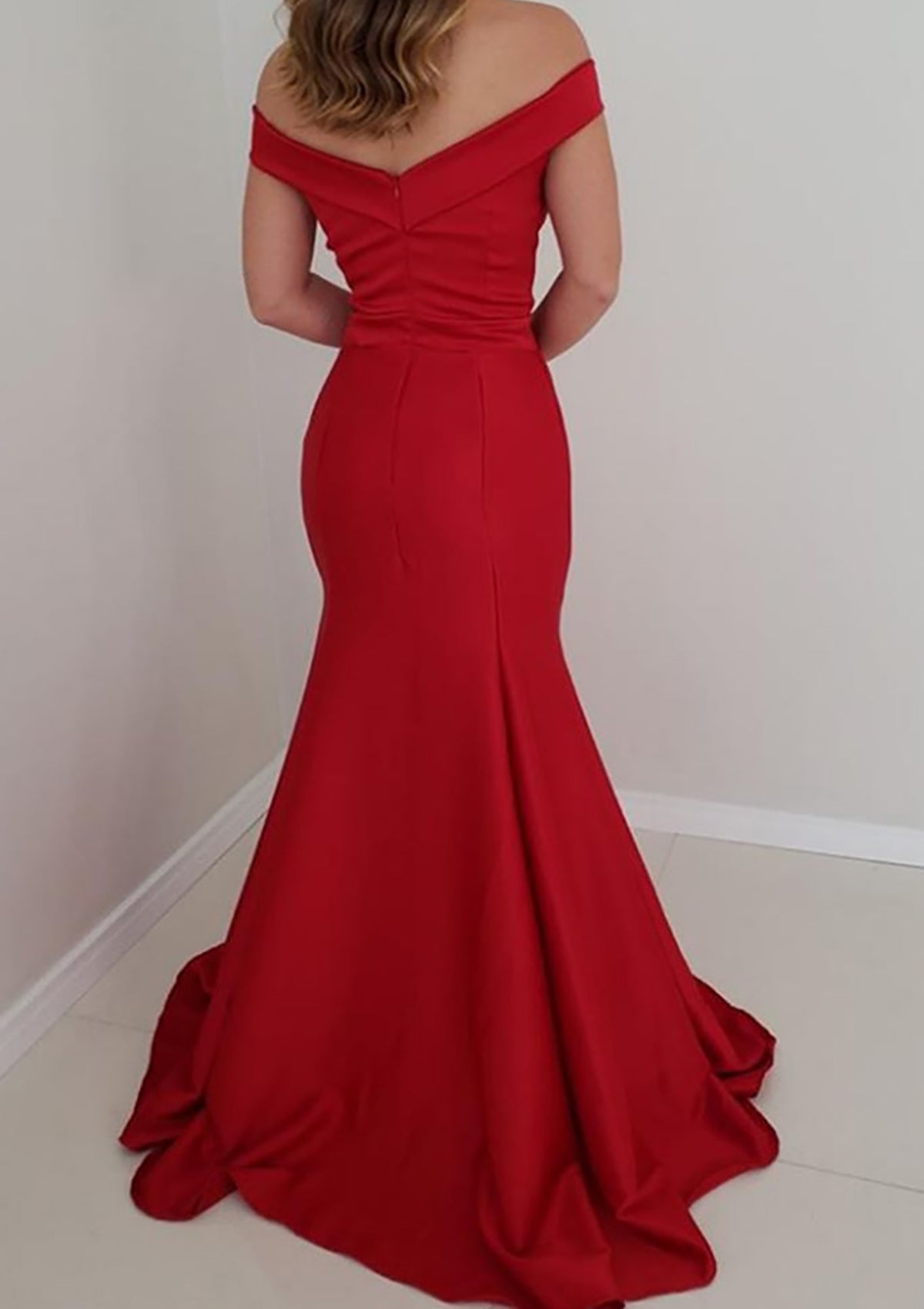Trumpet Prom Dress Off Shoulder V-neck Sleeveless Red Satin Long, Slit