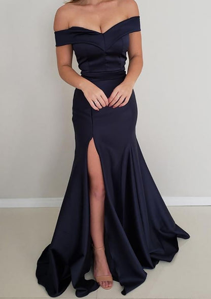 Trumpet Prom Dress Off Shoulder V-neck Sleeveless Red Satin Long, Slit
