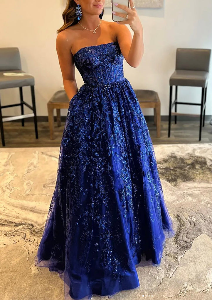 strapless royal blue prom dresses Princess Strapless Corset Royal Blue Lace Long Prom Party Dress, Pocke