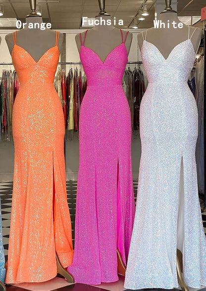 Sheath V Neck Sleeveless Straps Floor-Length Sequined Prom Dress, Split