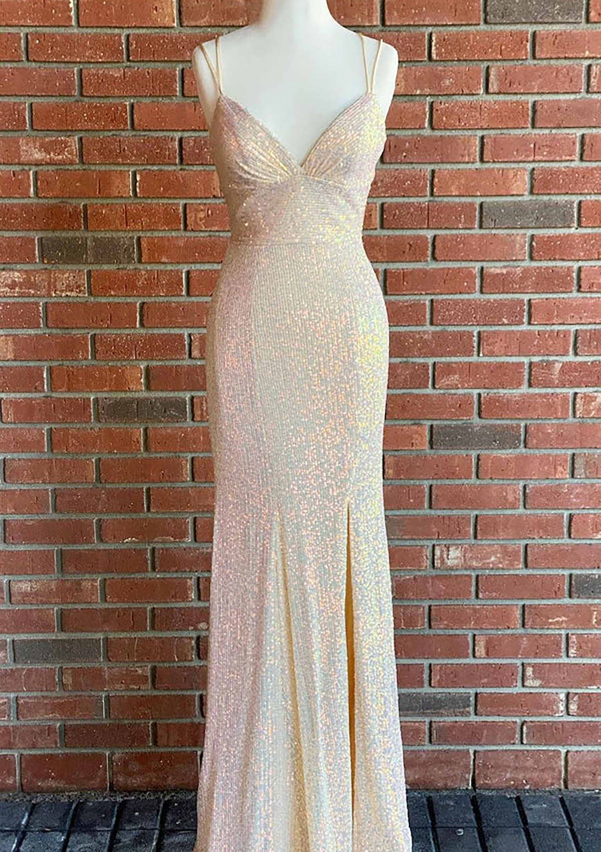 Sheath V Neck Sleeveless Straps Floor-Length Sequined Prom Dress, Split