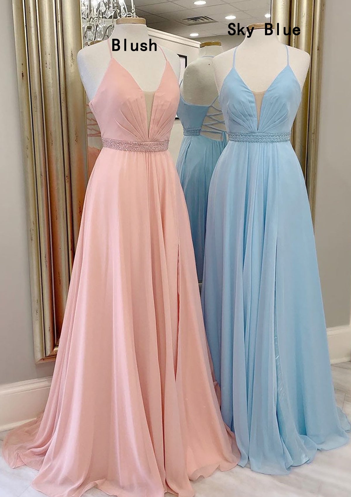 A-line Prom Dress Plunging Sleeveless Chiffon Sweep Train Beading Pleated
