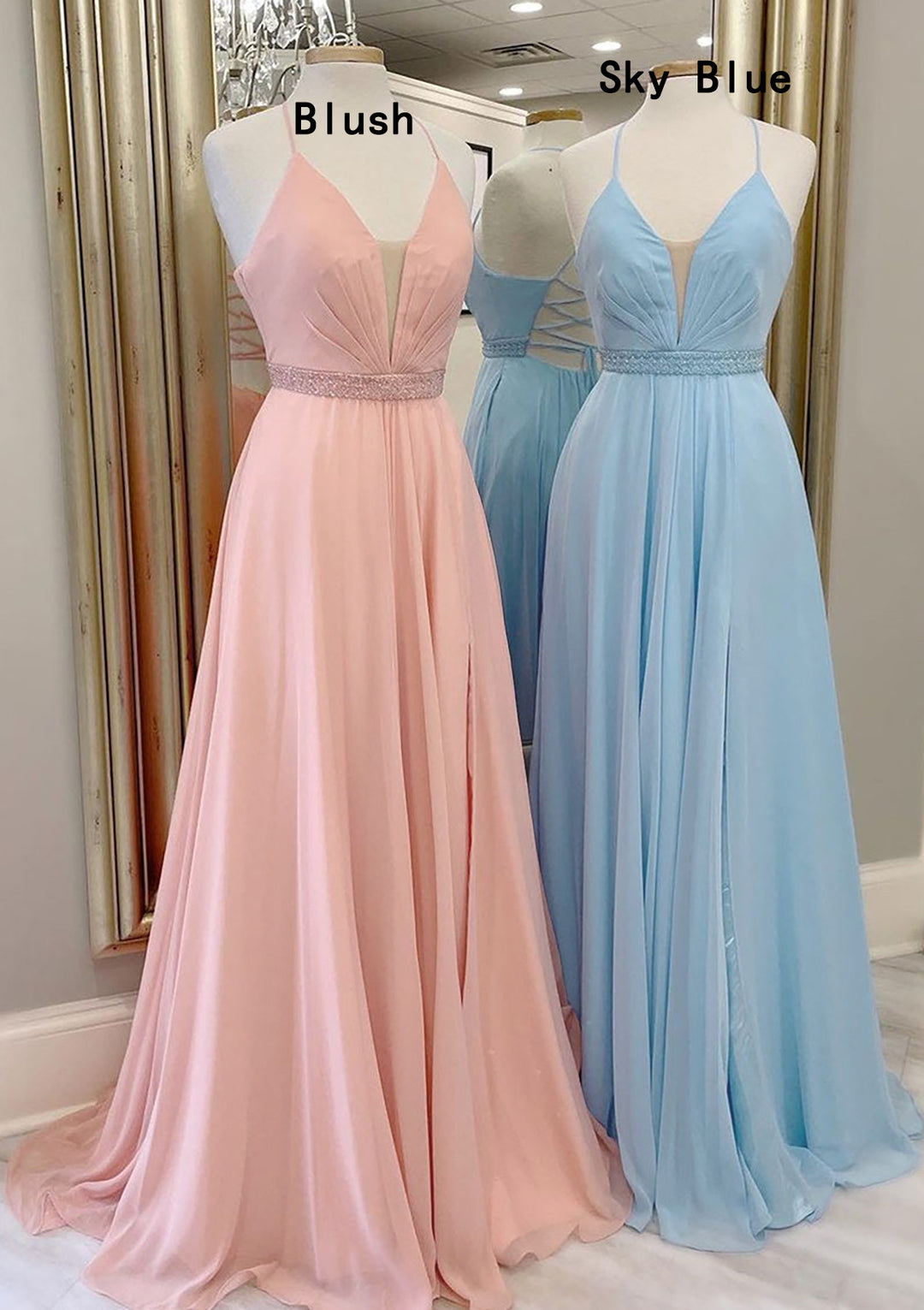A-line Prom Dress Plunging Sleeveless Chiffon Sweep Train Beading Plea