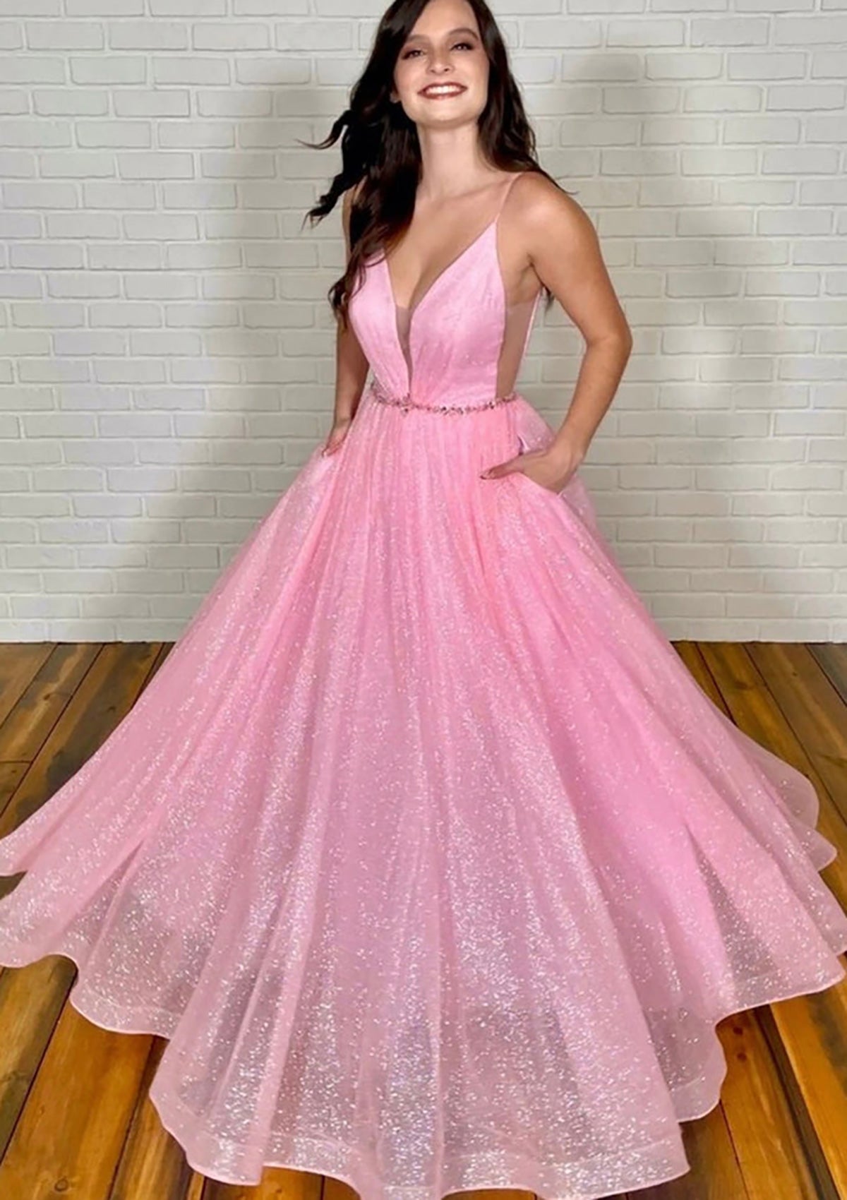 Glitter Prom Dress A-line Plunging Sleeveless Long Pink Tulle, Beading Pockets