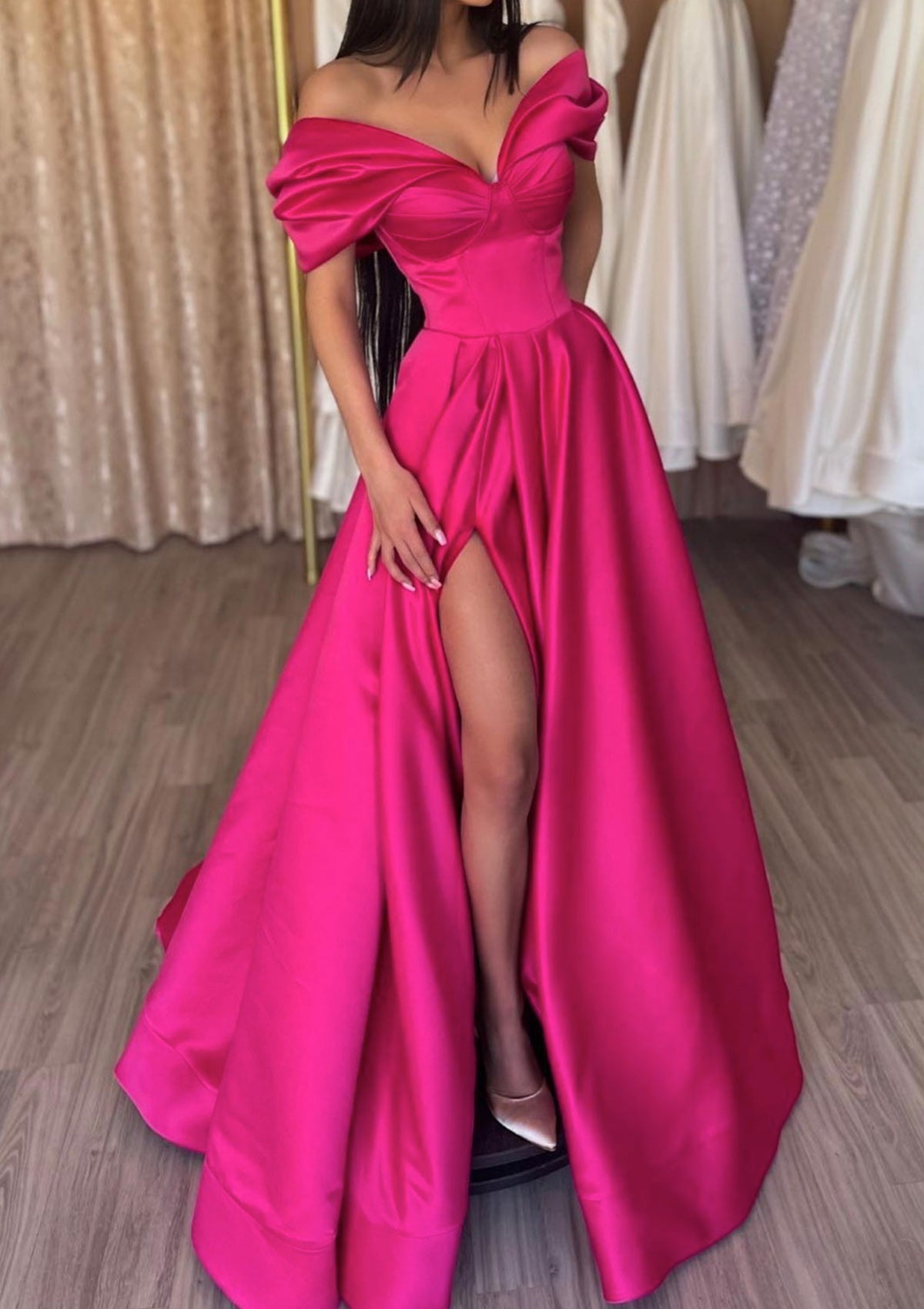 A-line Off Shoulder Ruffles Short Sleeve Satin Floor-Length Prom Dress, Split