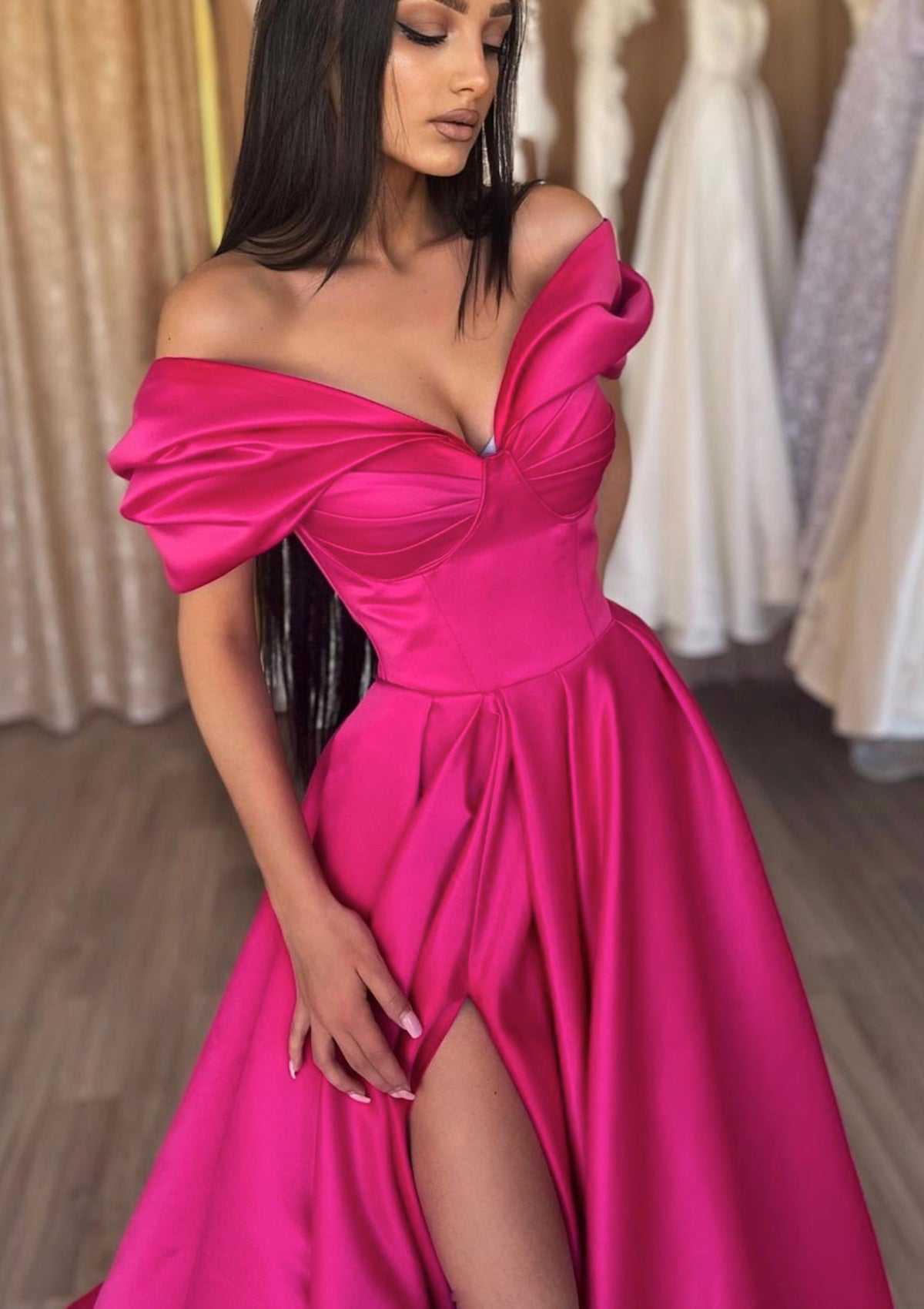 A-line Off Shoulder Ruffles Short Sleeve Satin Floor-Length Prom Dress, Split