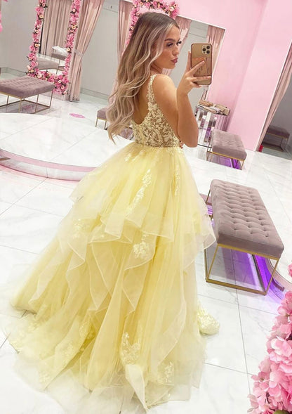 A-line Plunging Sleeveless Ruffled Lace Tulle Floor-Length Prom Dress