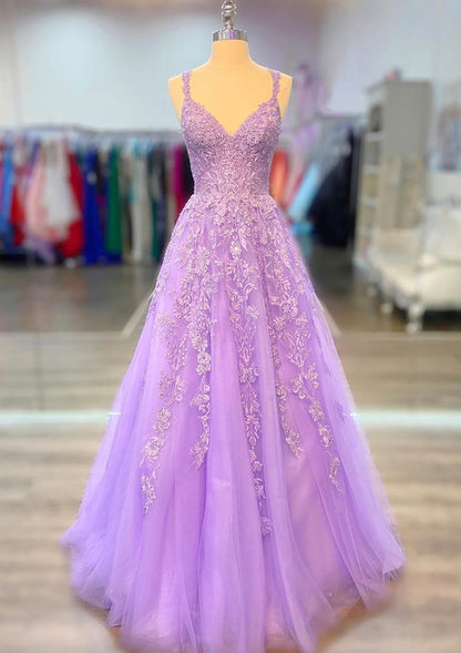 Princess A-line Prom Dress V Neck Spaghetti Straps Long Tulle, Lace Beading