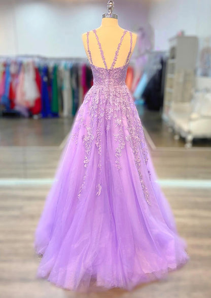 Princess A-line Prom Dress V Neck Spaghetti Straps Long Tulle, Lace Beading