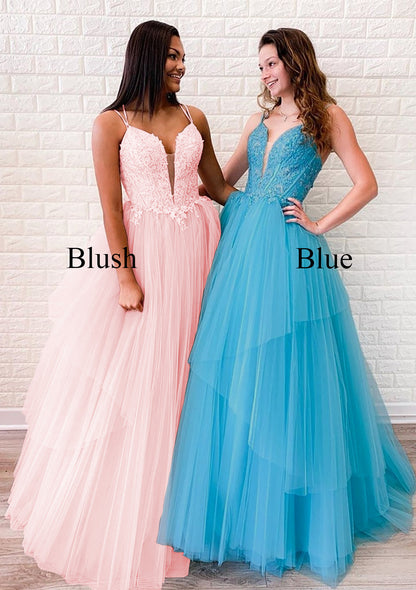 Princess Prom Dress Corset Ball Gown Plunging Crisscross Floor Length Tulle, Lace