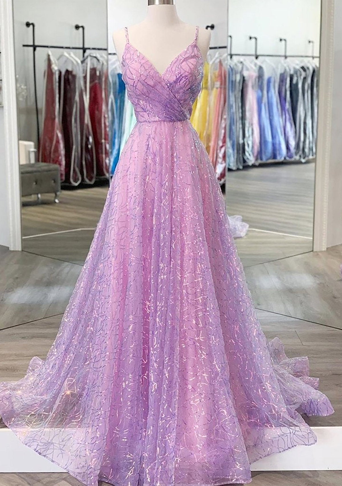 A-line Surplice Spaghetti Straps Backless Sequined Prom Dress, Pleated