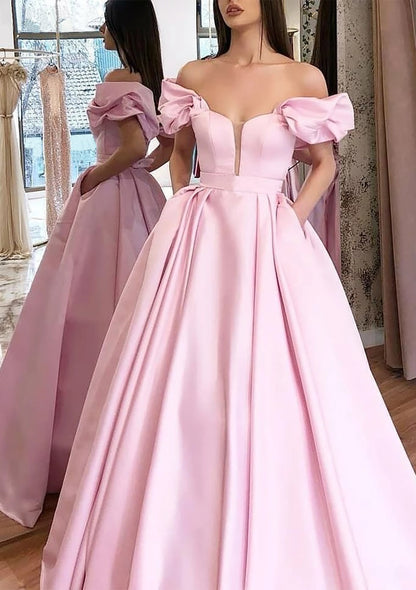Vestido de fiesta de princesa con hombros descubiertos, escote pronunciado, mangas abullonadas, satén rosa, bolsillos plisados