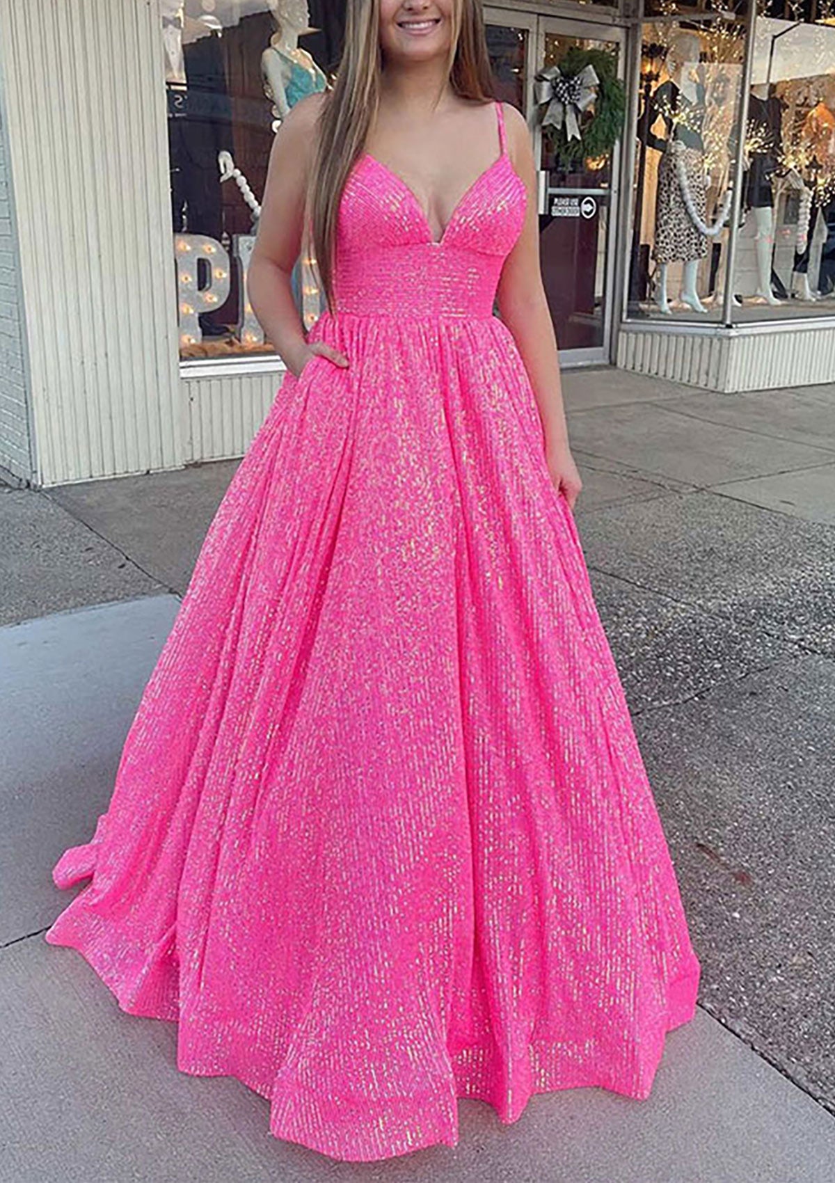Ball Gown Prom Dress Sleeveless V Neck Floor-Length Sequined Sparkling