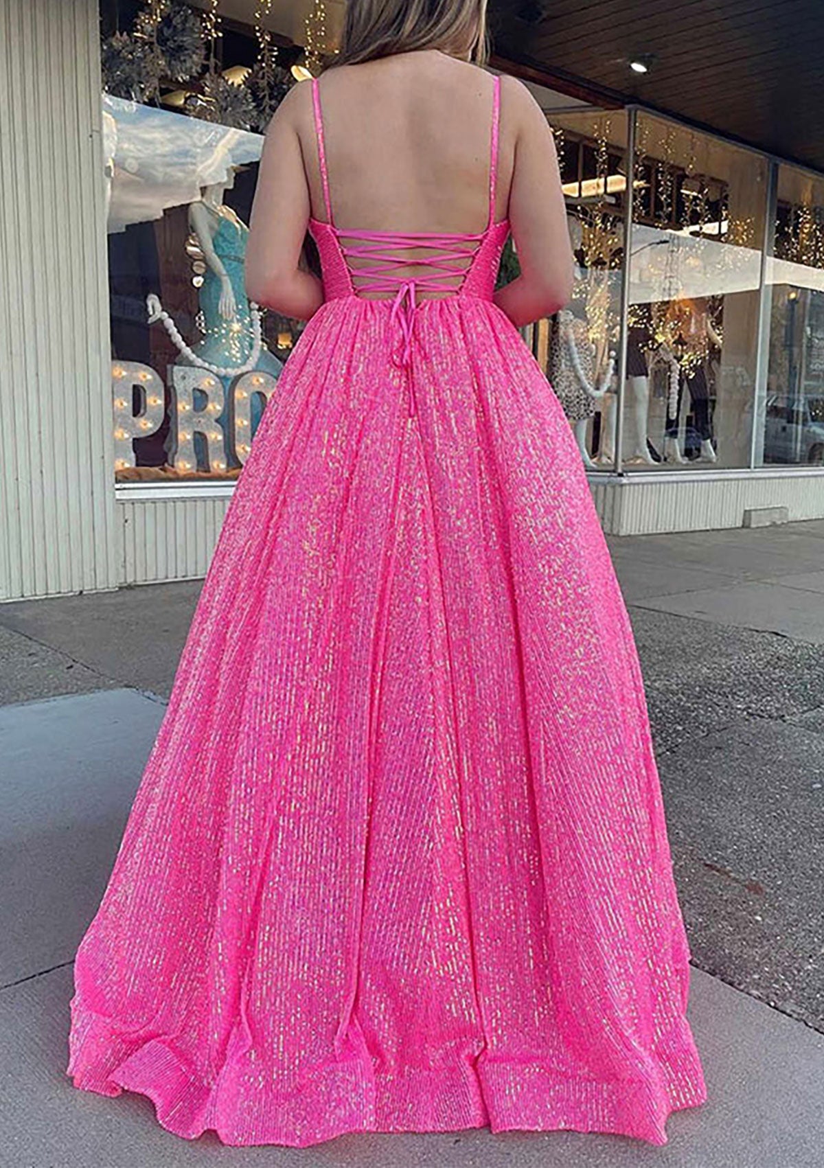Ball Gown Prom Dress Sleeveless V Neck Floor-Length Sequined Sparkling