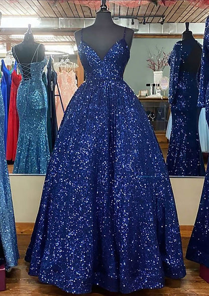Ball Gown Prom Dress Sleeveless V Neck Floor-Length Sequined Sparkling
