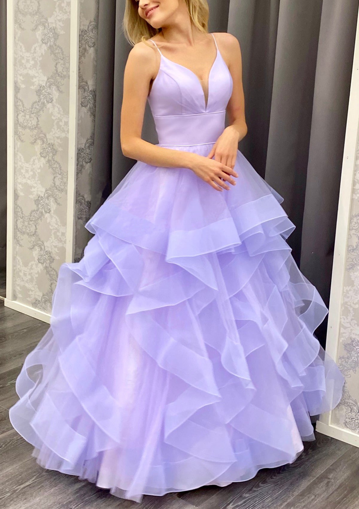 A-line Ruffled Prom Dress Plunging Spaghetti Straps Lilac Tulle, Horsehair