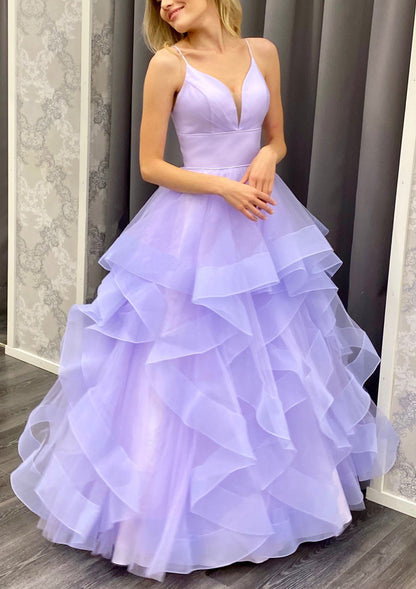 A-line Ruffled Prom Dress Plunging Spaghetti Straps Lilac Tulle, Horsehair