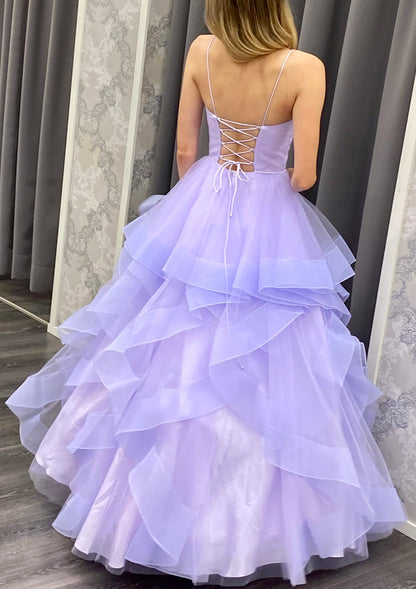 A-line Ruffled Prom Dress Plunging Spaghetti Straps Lilac Tulle, Horsehair