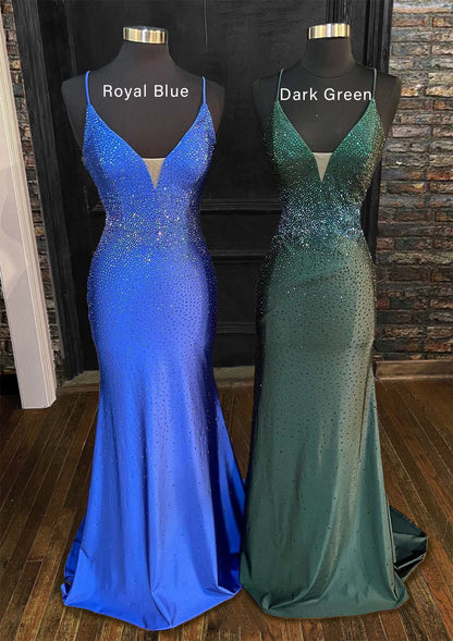 Trumpet Prom Dress V Neck Spaghetti Straps Sweep Train Jersey, Beading