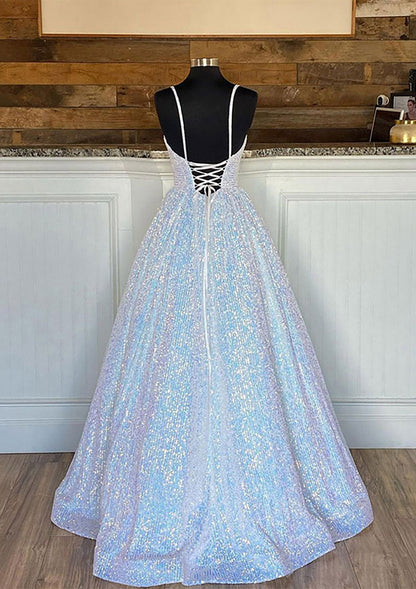 Ball Gown Prom Dress Sleeveless V Neck Floor-Length Sequined Sparkling