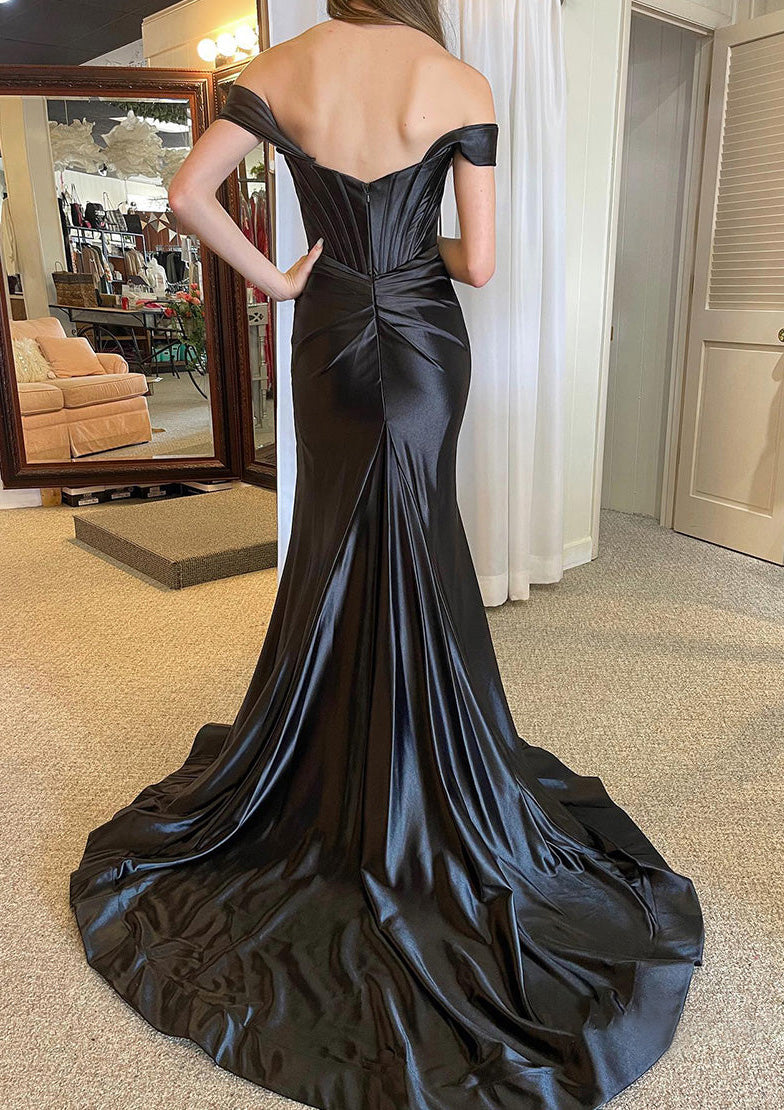 Trumpet Prom Dress Off Shoulder Corset Black Satin Floor Length Court | Misdress Trumpet Prom Dress Off Shoulder Corset Black Satin Floor Length Court | Misdress