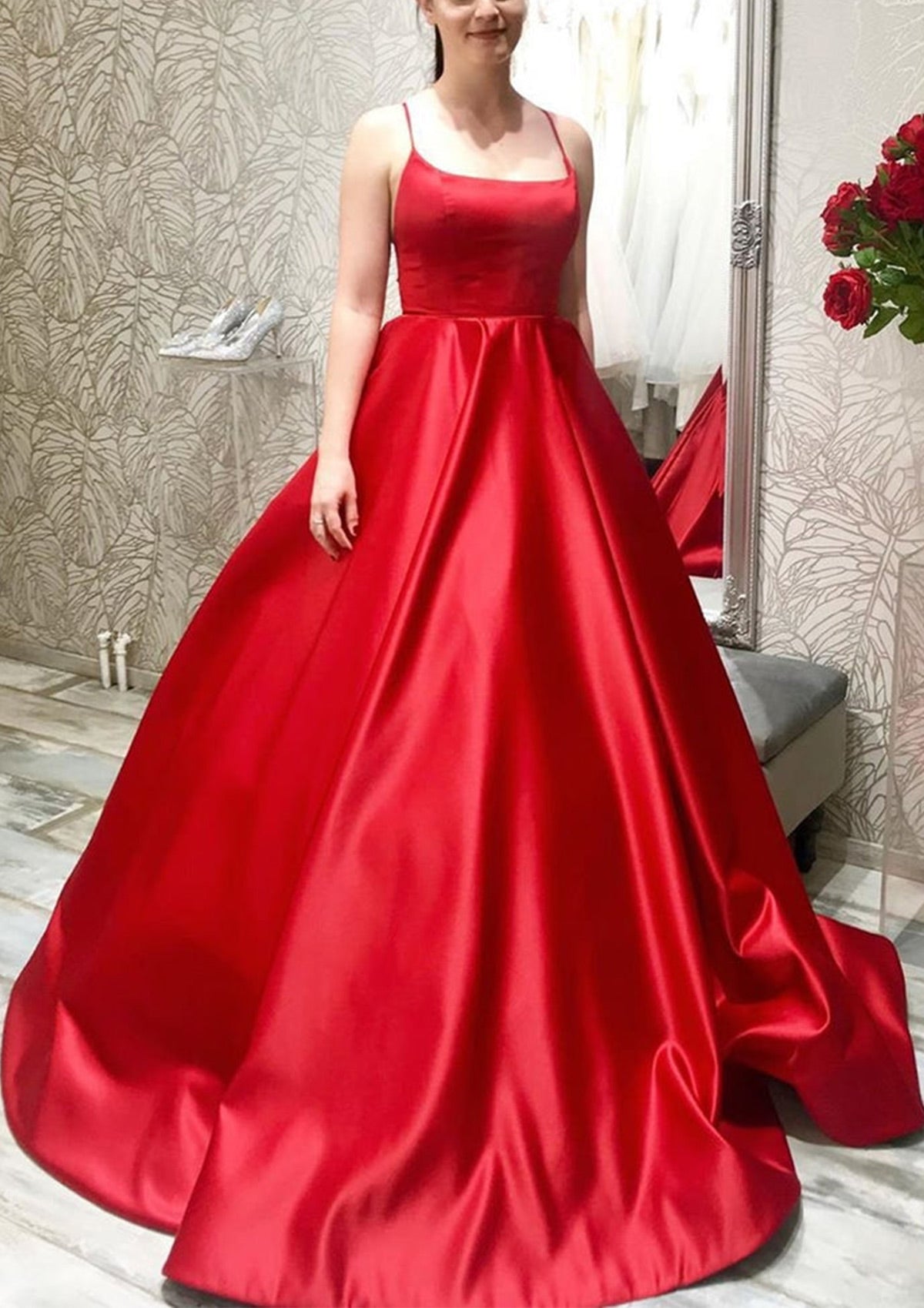 Ball Gown Square Neck Sleeveless Strappy Back Sweep Train Satin Prom Dress, Pockets