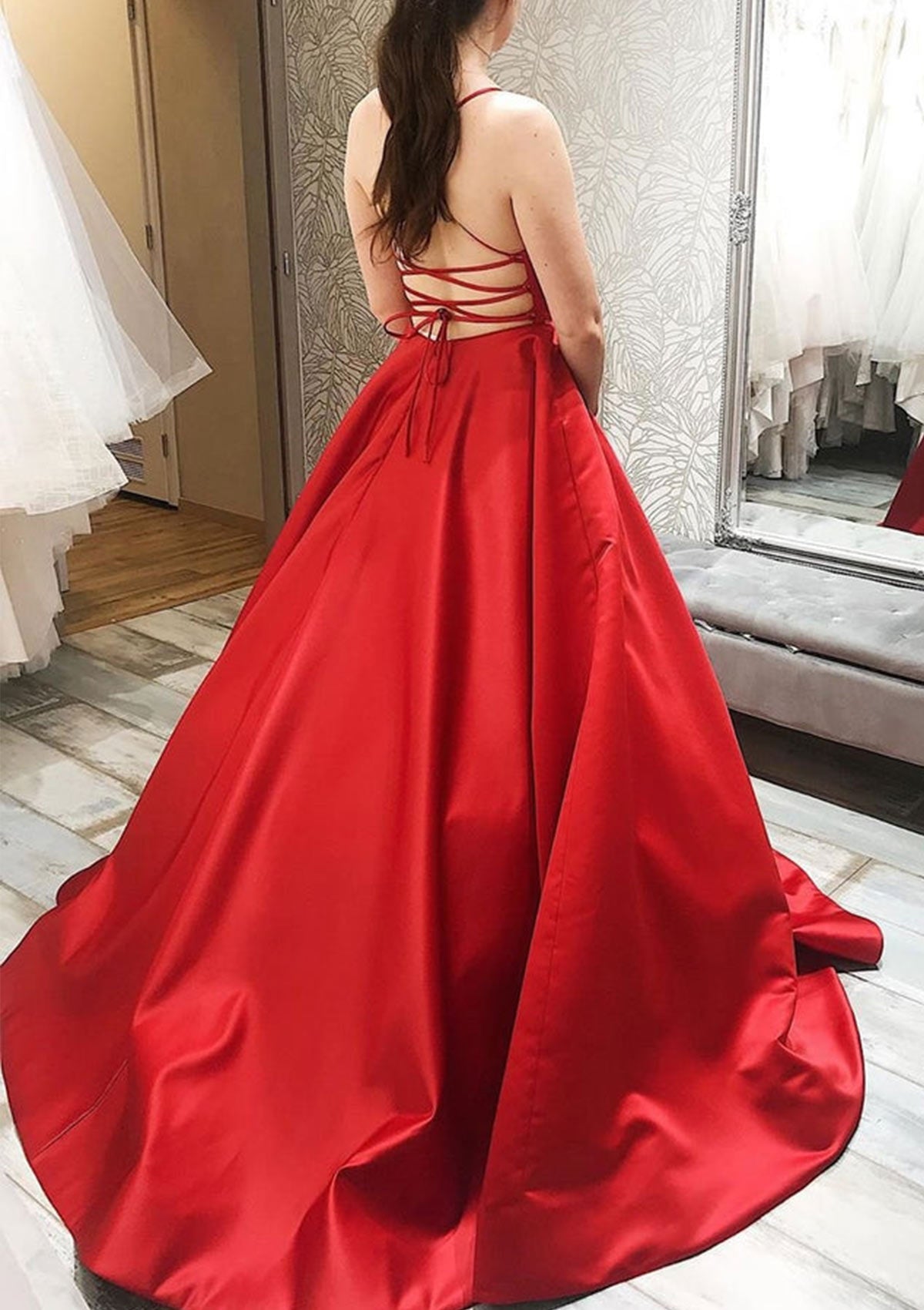 Ball Gown Square Neck Sleeveless Strappy Back Sweep Train Satin Prom Dress, Pockets