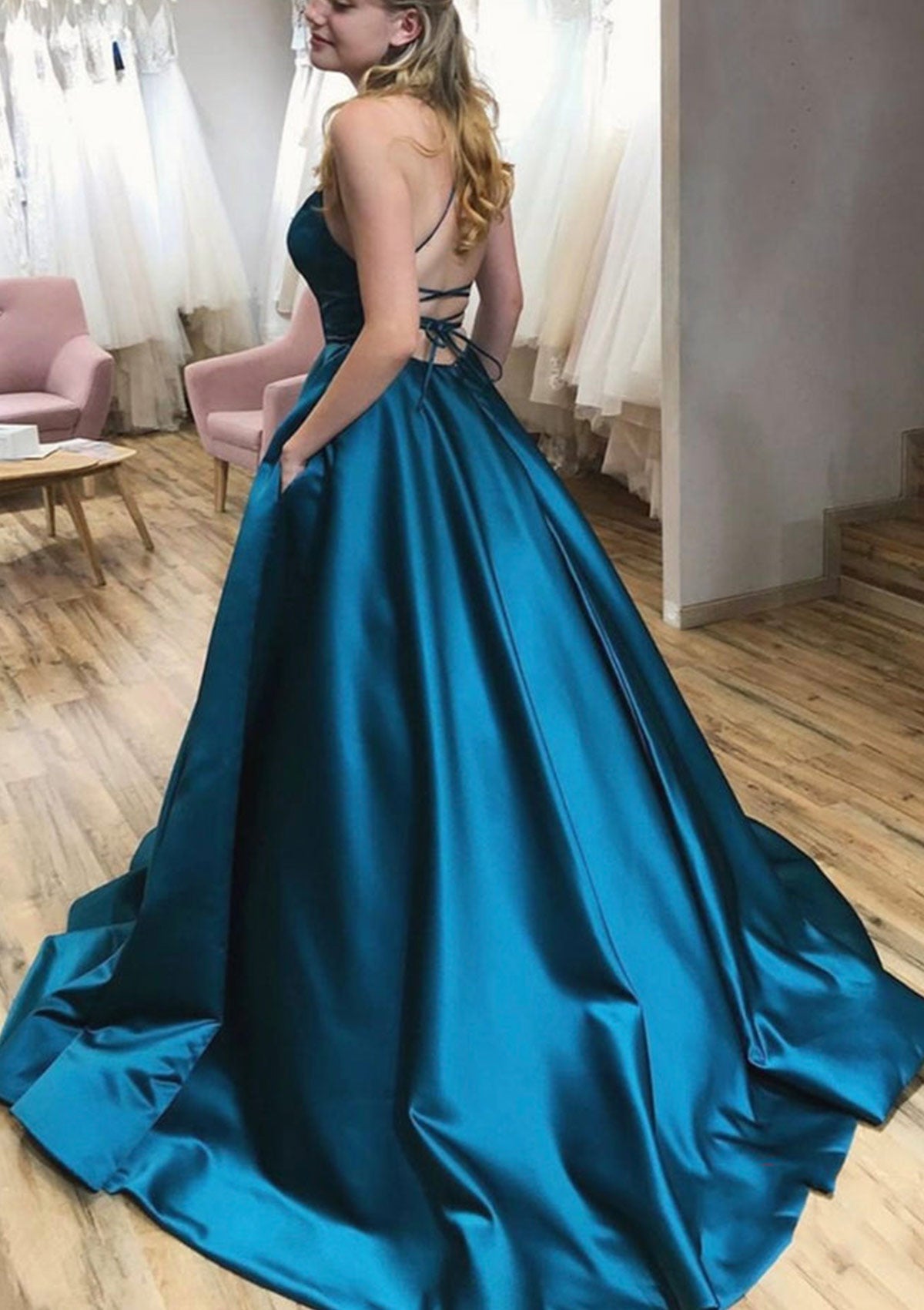 Ball Gown Square Neck Sleeveless Strappy Back Sweep Train Satin Prom Dress, Pockets
