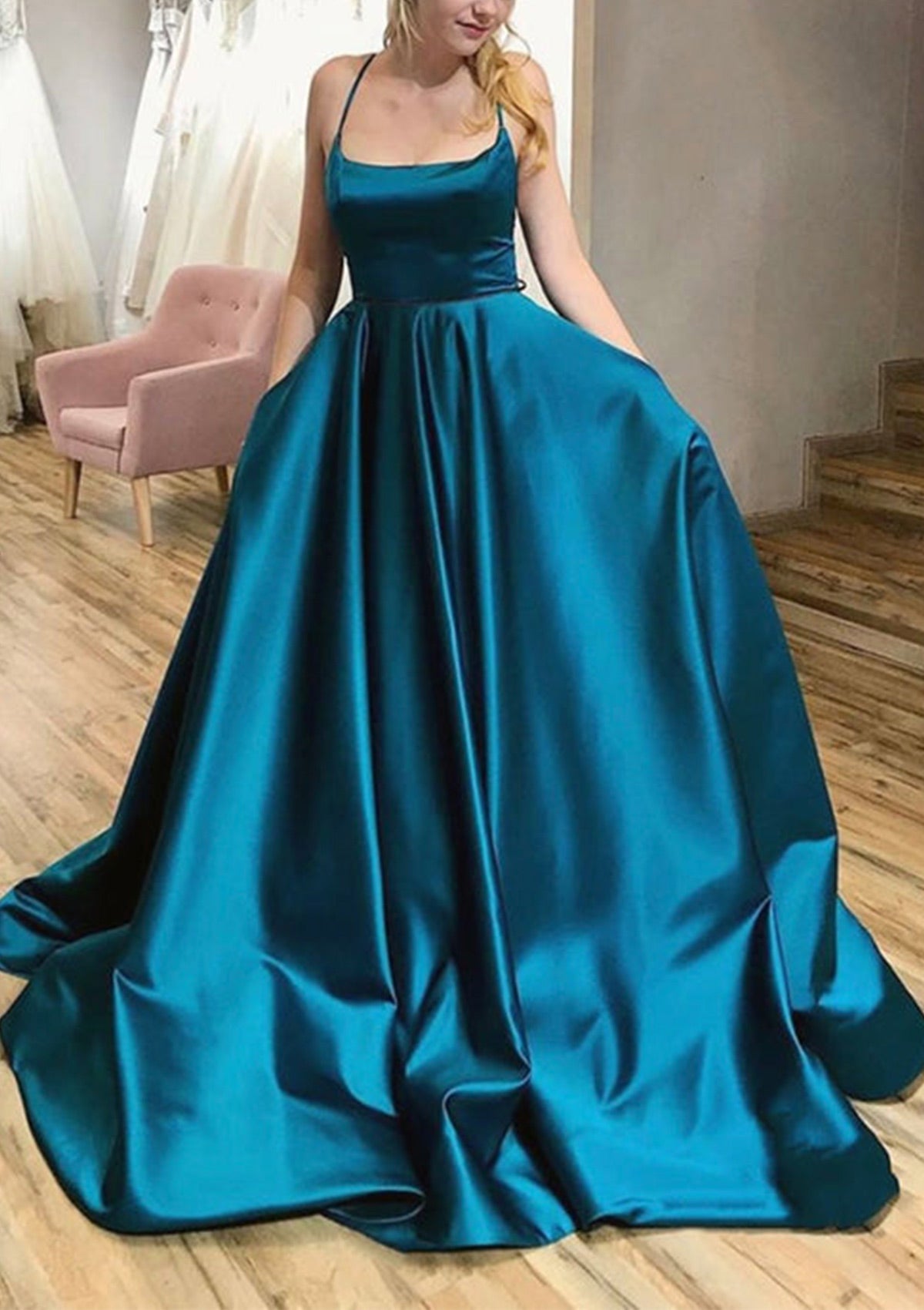 Ball Gown Square Neck Sleeveless Strappy Back Sweep Train Satin Prom Dress, Pockets