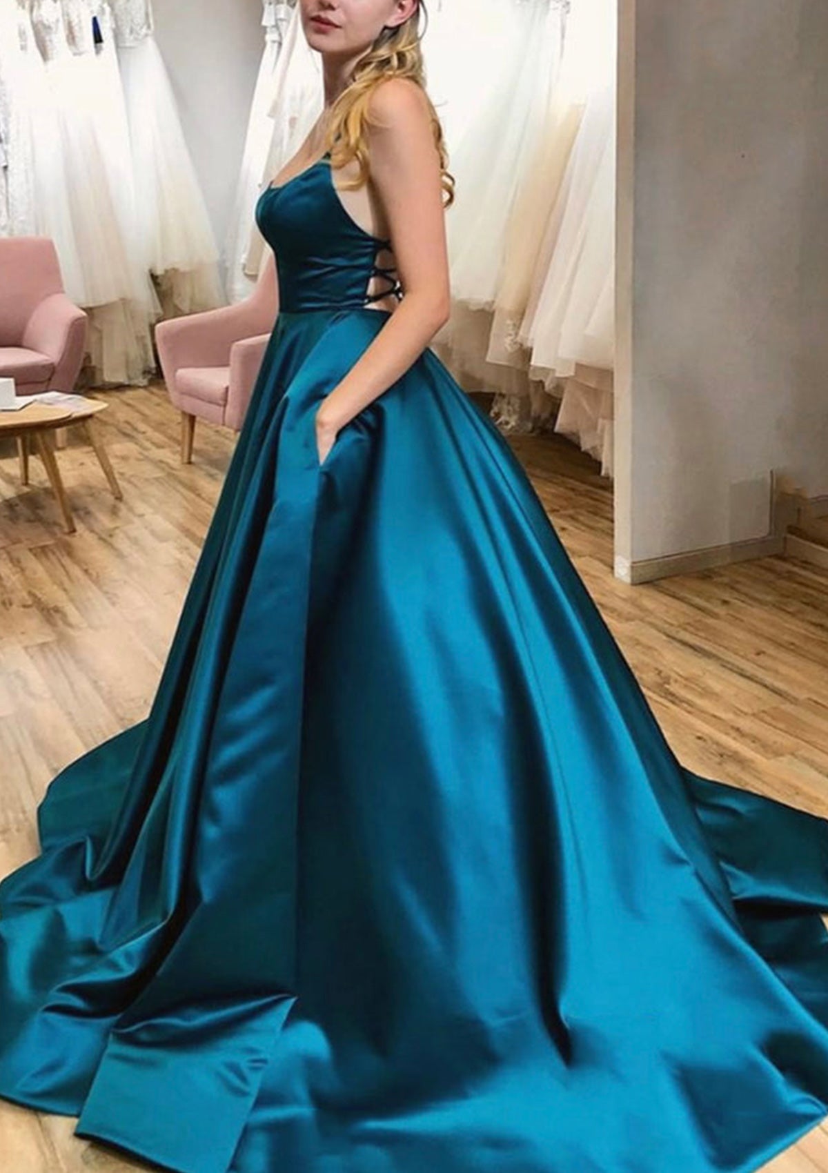 Ball Gown Square Neck Sleeveless Strappy Back Sweep Train Satin Prom Dress, Pockets