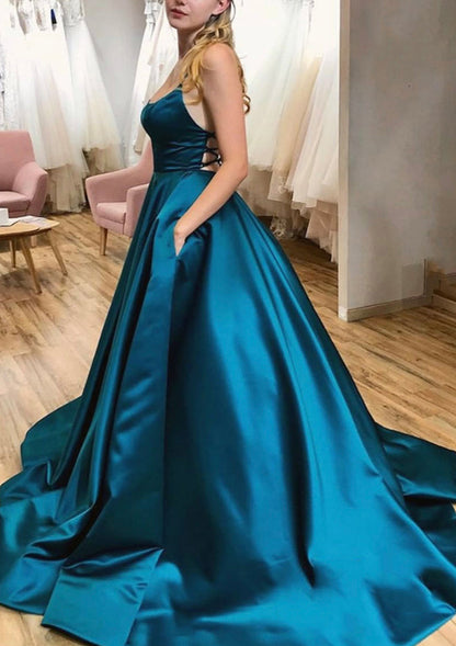 Ball Gown Square Neck Sleeveless Strappy Back Sweep Train Satin Prom Dress, Pockets