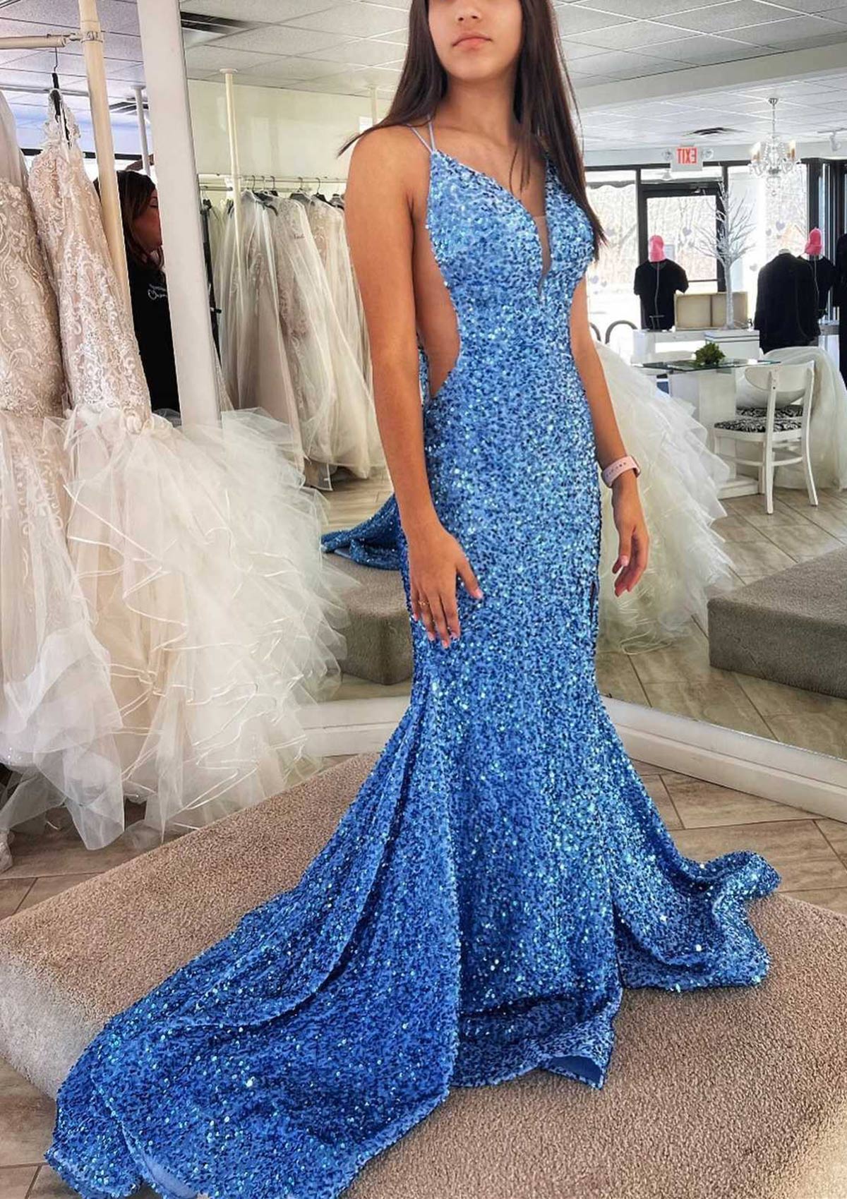 Trumpet Sequins Prom Dress Plunging Straps Cross Back Court Train Velvet, Split