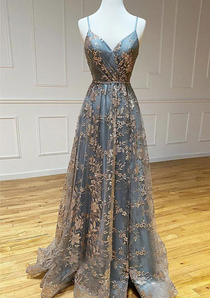 A-line Prom Dress V Neck Sleeveless Floor Length Tulle Satin, Lace Split