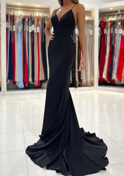 Robe de bal trompette col en V dos croisé sans manches en satin élastique longueur ras du sol