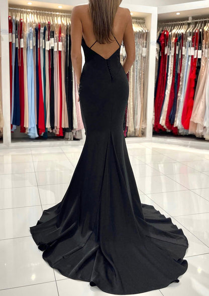 Robe de bal trompette col en V dos croisé sans manches en satin élastique longueur ras du sol