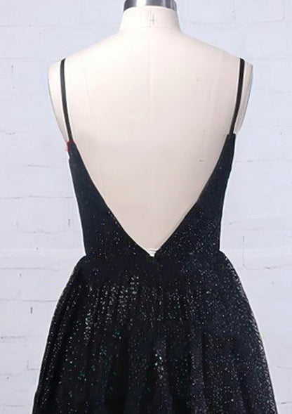 A-line Black Prom Dress V Neck Sleeveless Metallic Yarn Split Pockets Sequins