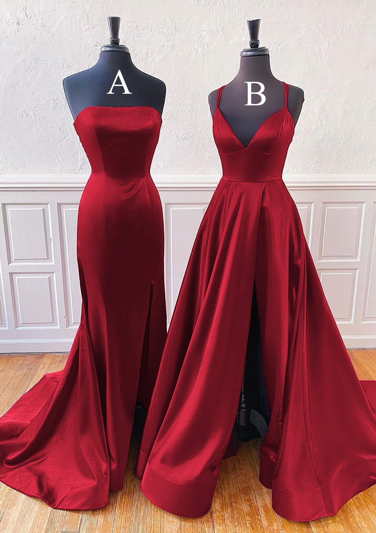 A-line Mermaid Prom Dress Sleeveless Sweep Train Burgundy Satin, Split