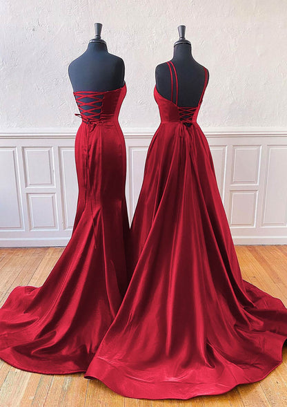 A-line Mermaid Prom Dress Sleeveless Sweep Train Burgundy Satin, Split