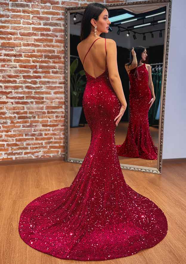 Robe de soirée sirène asymétrique en velours bordeaux et sequins