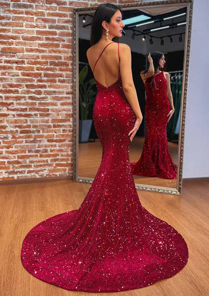 Robe de soirée sirène asymétrique en velours bordeaux et sequins