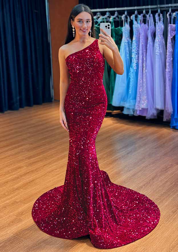 Robe de soirée sirène asymétrique en velours bordeaux et sequins