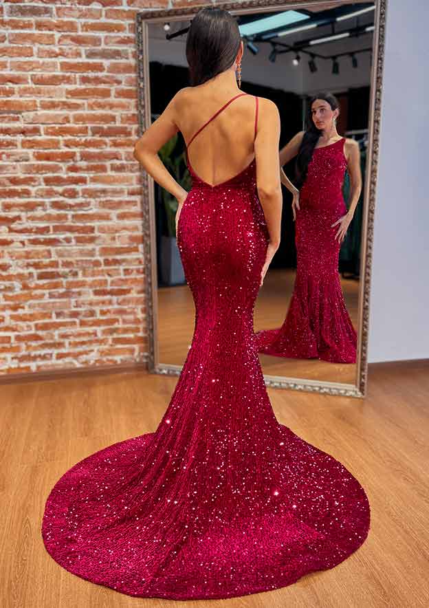 Robe de soirée sirène asymétrique en velours bordeaux et sequins