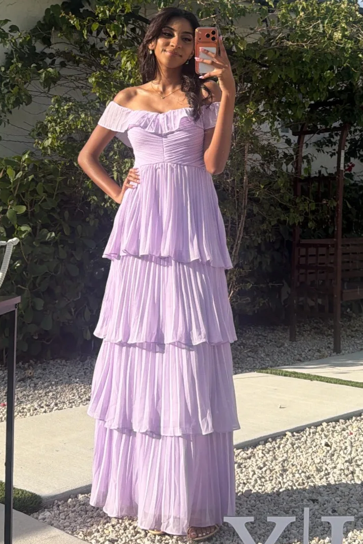 Off-Shoulder A-Line Pleated Empire-Waist Ruffles Long Formal Prom Dress