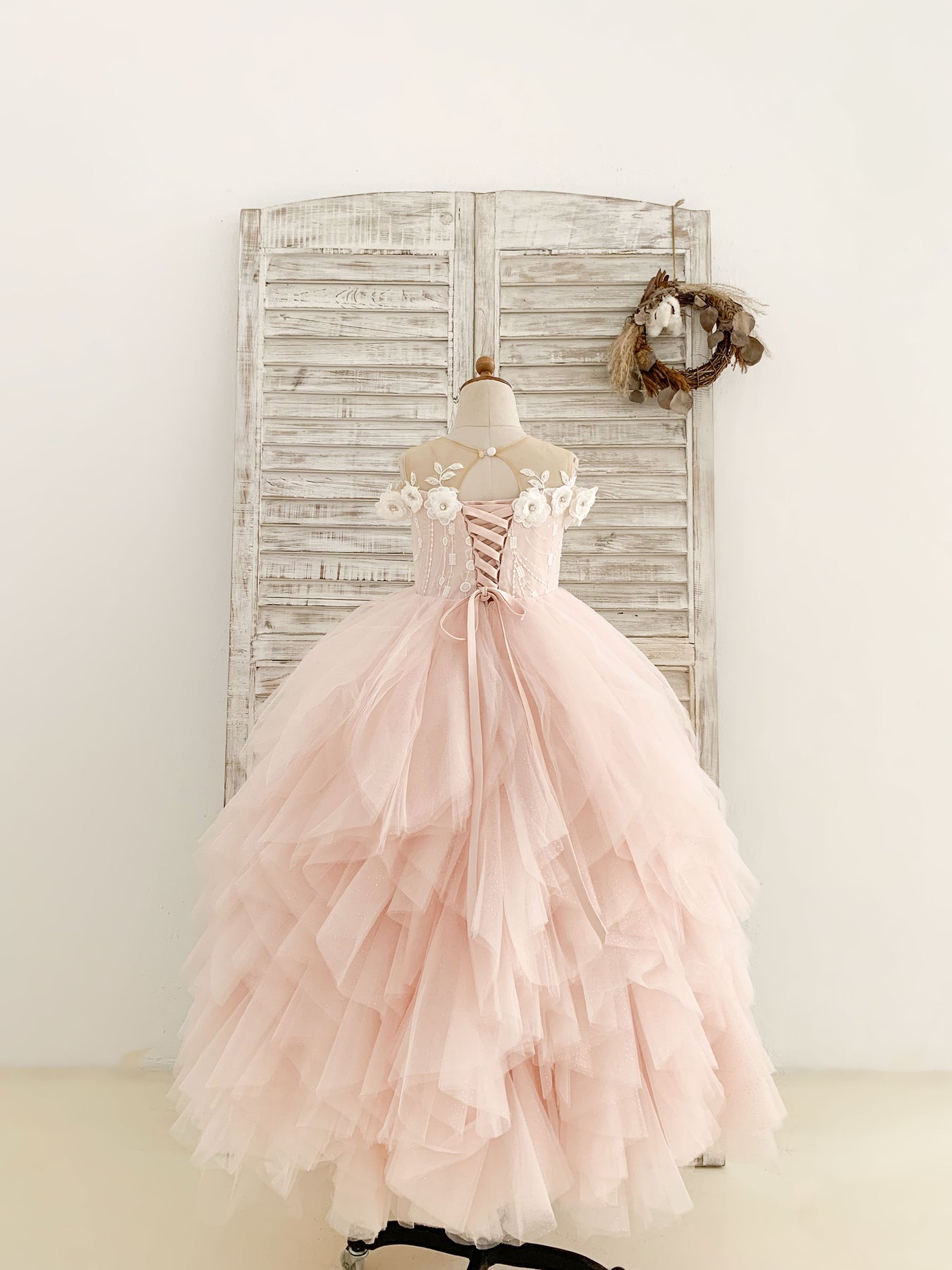 Off-Shoulder Pink Tulle Ruffle Wedding Flower Girl Dress Kids Birthday
