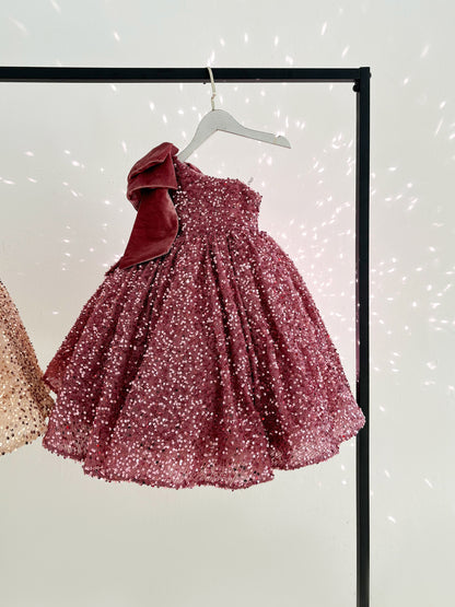One Shoulder Burgundy Sequin Knee Length Kids Party Wedding Flower Girl Dress