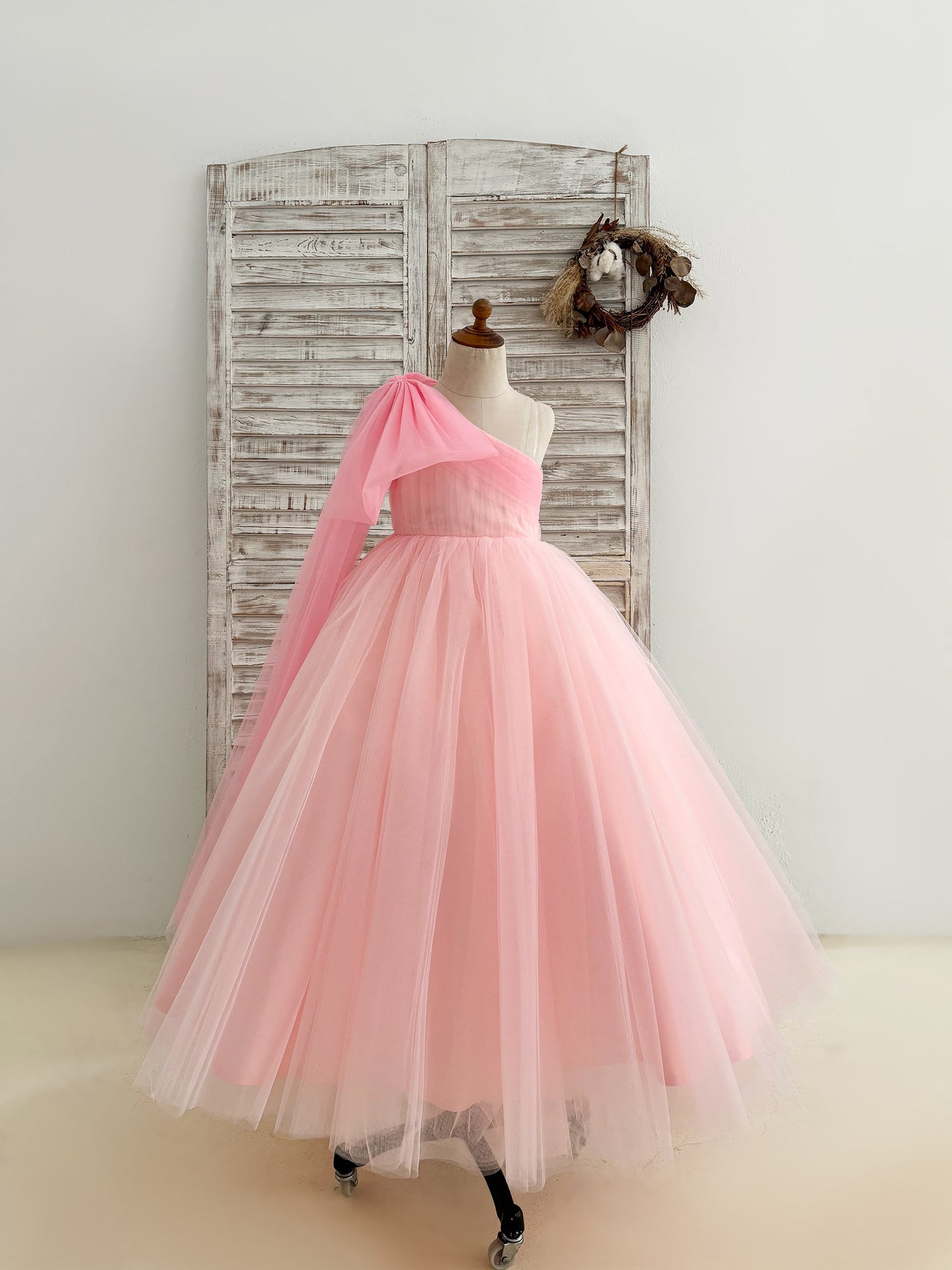 Ball Gown One Shoulder Draped Pink Tulle Flower Girl Dress Pageant Party