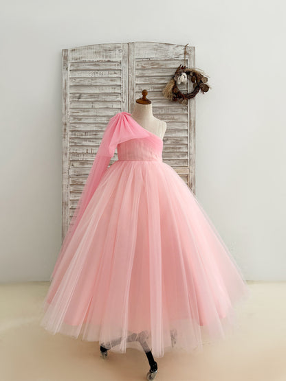 Ball Gown One Shoulder Draped Pink Tulle Flower Girl Dress Pageant Party