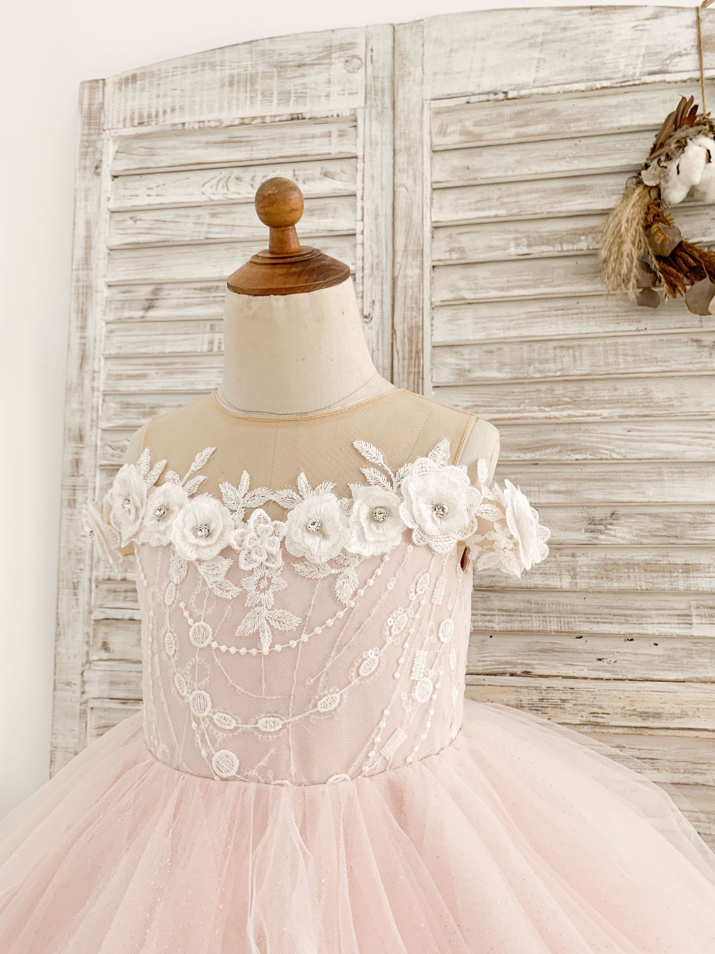 Off-Shoulder Pink Tulle Ruffle Wedding Flower Girl Dress Kids Birthday Gown
